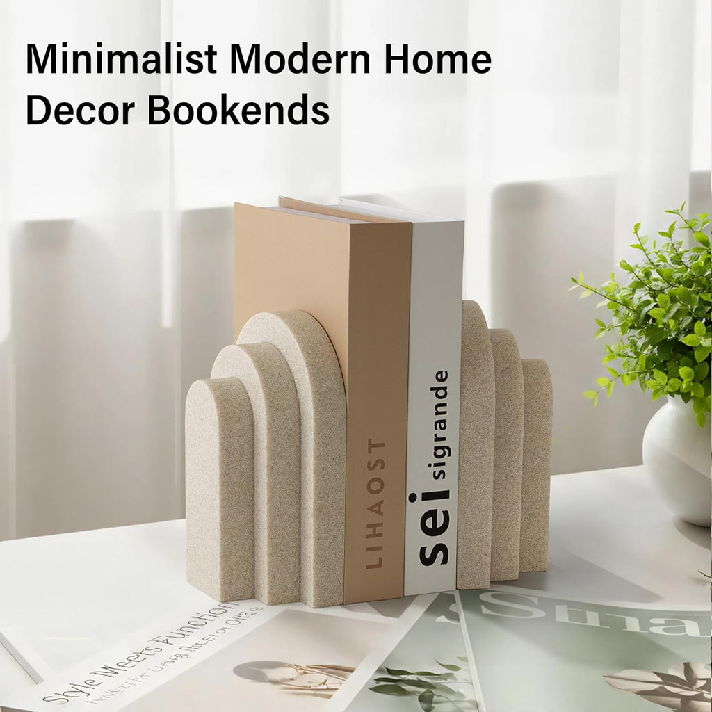 Heavy Duty Bookends for Shelves, 6.6 LBS Heavy Book Ends for Heavy Books, Decorative Modern Bookends with Faux Sandstone Look, Layered Arch Book Stopper for Bookshelf Holder Set of 2, Beige