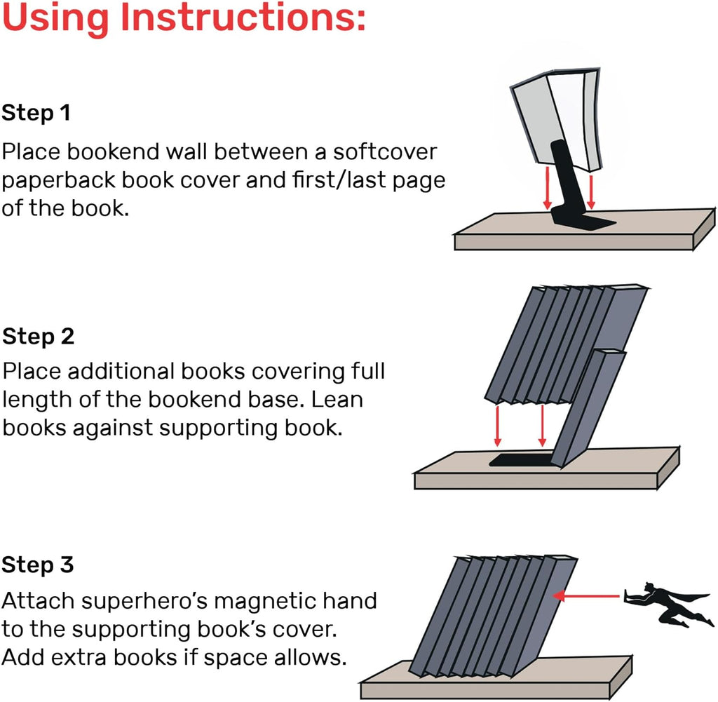 Artori Design Book Ends to Hold Books Heavy Duty Hidden Metal Bookends for Shelves Bookend Book Holder for Home Decorative Gift for Book End Lovers and Home Décor (Supergal+Book&Hero)