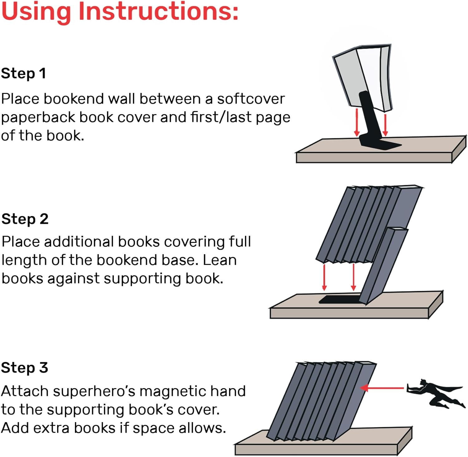 Artori Design Book Ends to Hold Books Heavy Duty Hidden Metal Bookends for Shelves Bookend Book Holder for Home Decorative Gift for Book End Lovers and Home Décor (Supergal+Book&Hero)