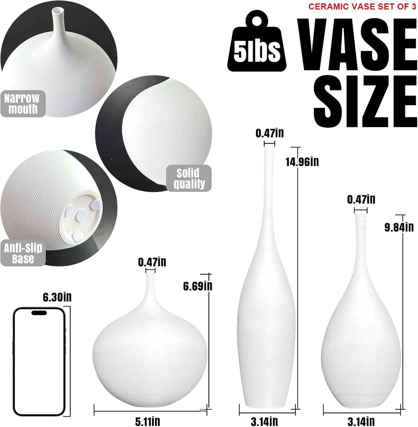 White Ceramic Vase Set of 3, Modern Boho Vases for Centerpiece Decor, Matte Minimalist Decorative White Vases Home Decor, for Living Room, Bookshelf, and Entryway Table Decor