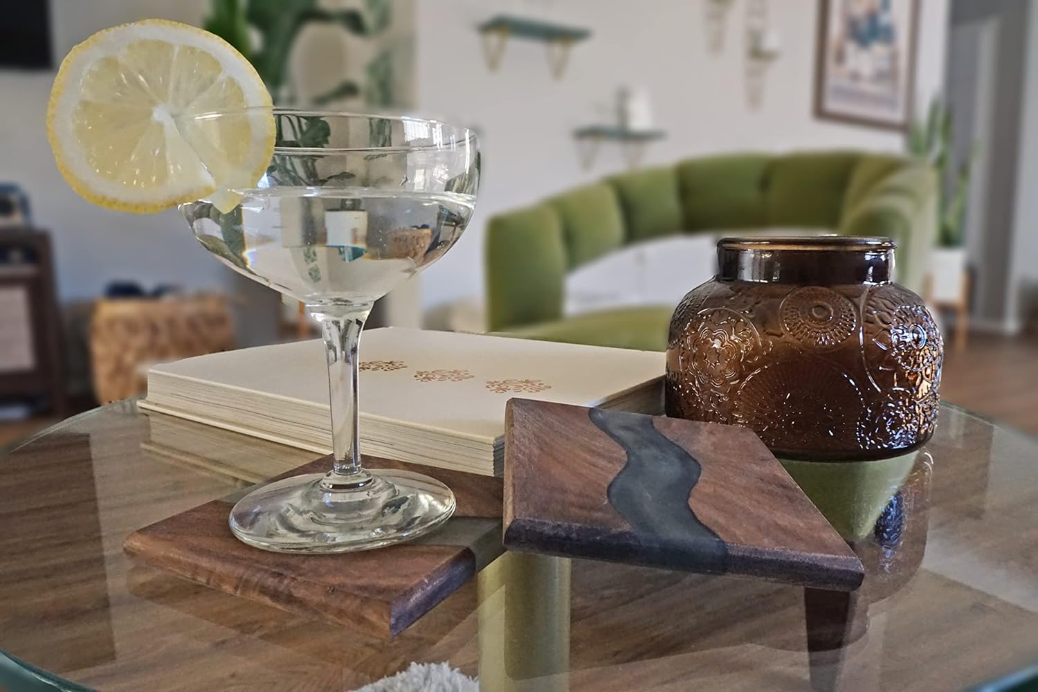 Generic Wood Coaster Set for Drinks | Handmade with Dark Walnut & Natural Wood Sealant Finish for Water Resistance,Easy Cleaning & No Stains | Epoxy Resin River (4 Pieces) (Black)