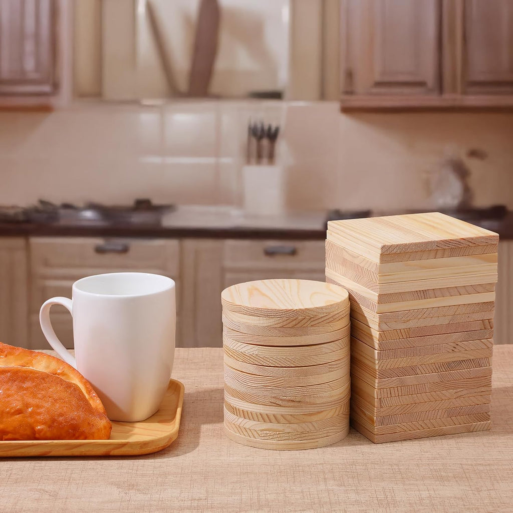 100 Pcs Unfinished Wood Coasters, 4 Inch Blank Wooden Coaster with Non Slip Foam Pad for DIY Stained Drawing Painting Wood Crafts Engraving Home Decoration Supplies(Round, Square)