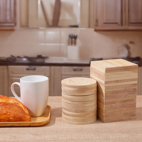 100 Pcs Unfinished Wood Coasters, 4 Inch Blank Wooden Coaster with Non Slip Foam Pad for DIY Stained Drawing Painting Wood Crafts Engraving Home Decoration Supplies(Round, Square)