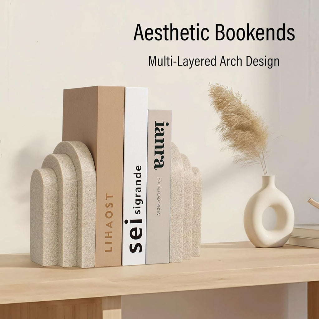 Heavy Duty Bookends for Shelves, 6.6 LBS Heavy Book Ends for Heavy Books, Decorative Modern Bookends with Faux Sandstone Look, Layered Arch Book Stopper for Bookshelf Holder Set of 2, Beige