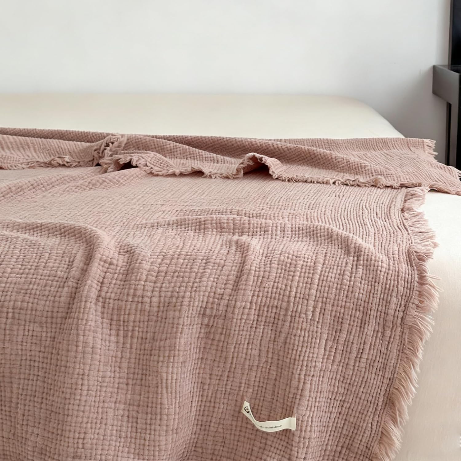 MorroMorn 100% Cotton Queen Size Bed Blanket 80"x90" Muslin Blanket with Fringes, 4-Layer Gauze Blankets for Adult, Boho Bedding Breathable Lightweight Ultra-Soft for All Seasons, Linen Beige