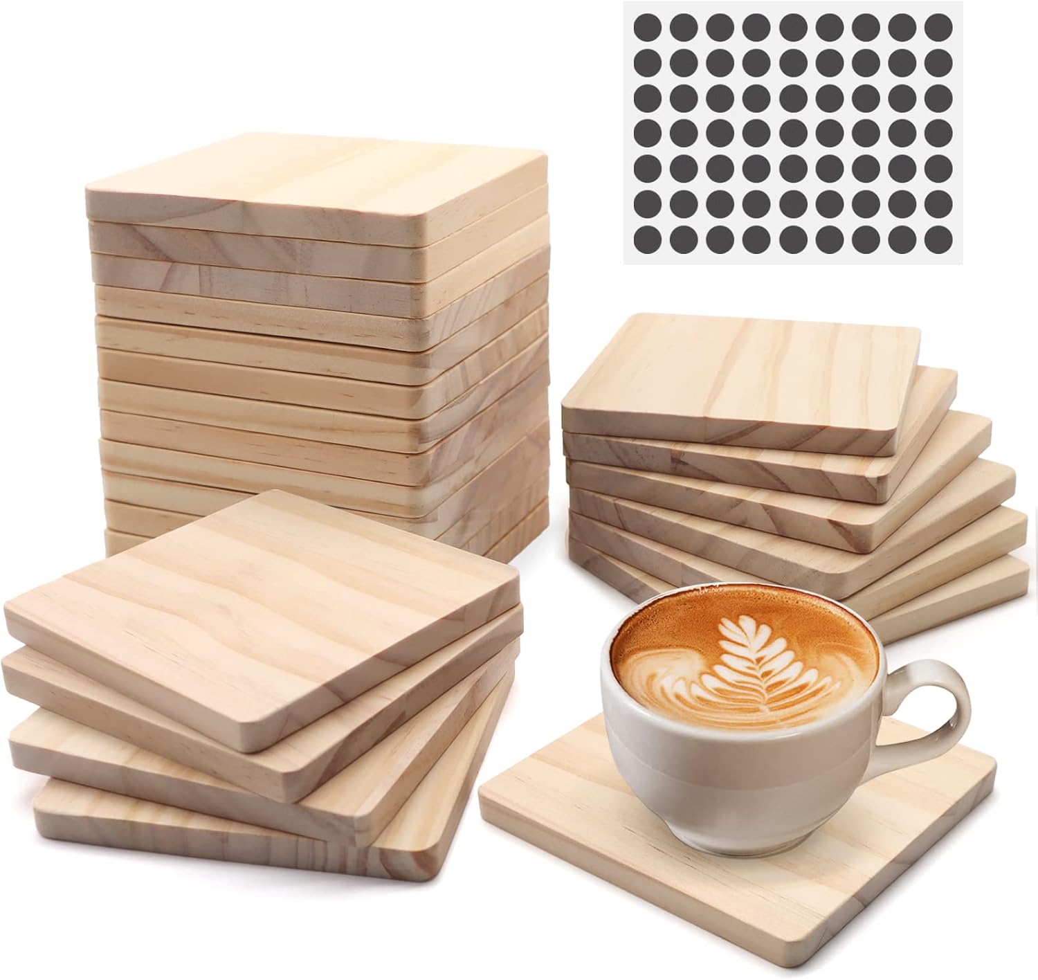 60 PCS Unfinished Square Wood Coasters, SIJDIEE 4 Inch Blank Wooden Craft Coasters with Non-Slip Foam Pad Stickers for DIY Burning Stained Painting Wood Engraving Home Decoration Supplies