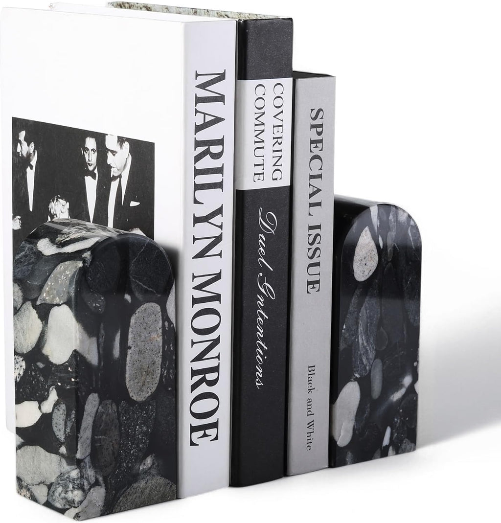 Koville Natural Italian Marble Bookends for Shelves, Book Ends for Heavy Books, 13LBS Ultra Heavy Duty Book Holders, Triumphal Arch Bookends Office Bookshelf Decor for CDs/Video Games(Bianco Carrara)