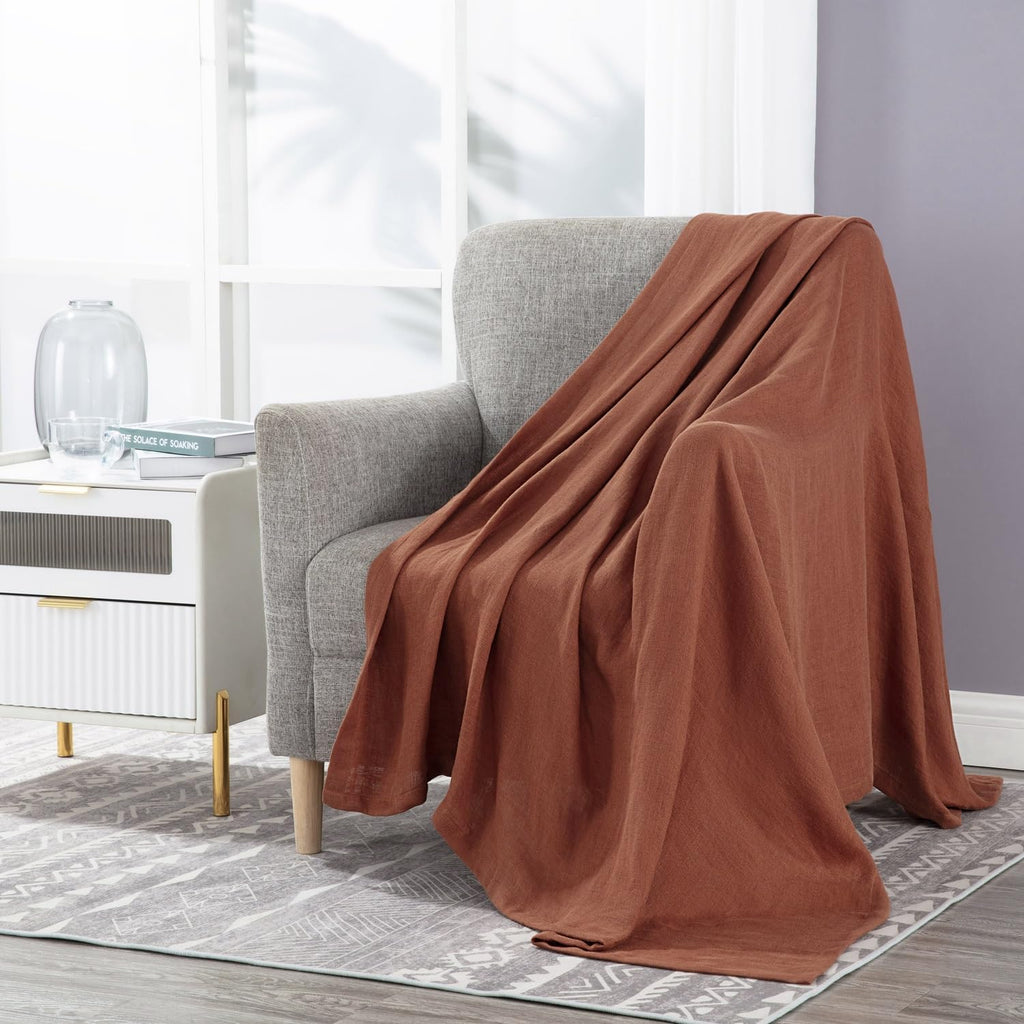 Chezmoi Collection Brussels Belgian Flax Linen Throw Blanket, 50" x 70" - Pre-Washed Super Soft Lightweight Breathable Summer Blanket Sedona Red Color for Living Room Couch & Bed