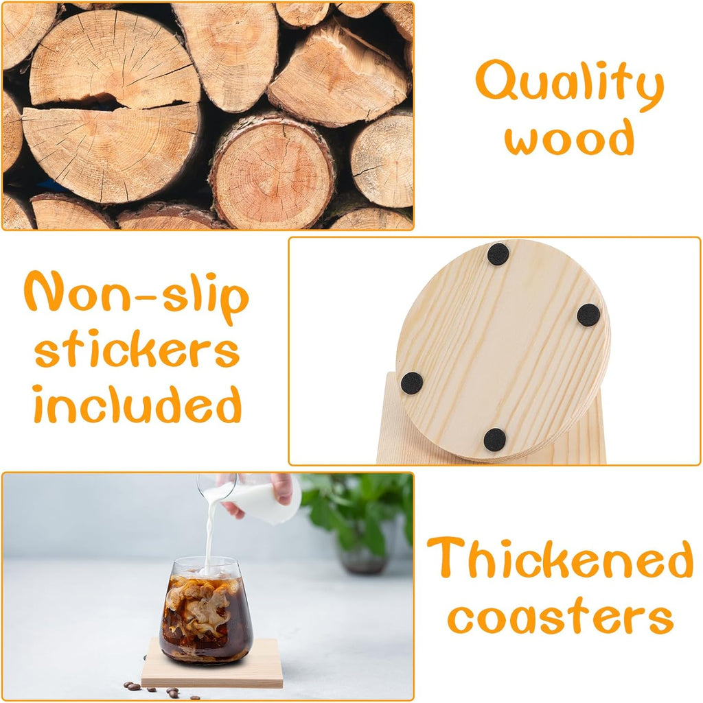 100 Pcs Unfinished Wood Coasters, 4 Inch Blank Wooden Coaster with Non Slip Foam Pad for DIY Stained Drawing Painting Wood Crafts Engraving Home Decoration Supplies(Round, Square)