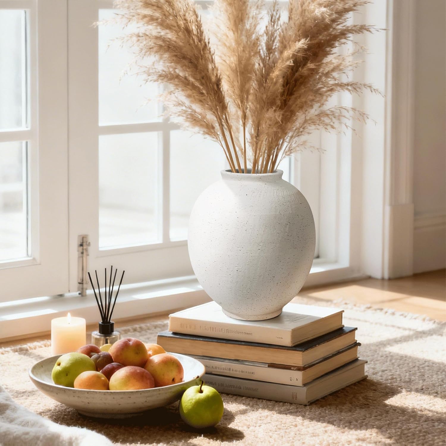 Large White Ceramic Vase, 9.8 inch Rustic Farmhouse Flowers Vase for Home Decor, Sandstone Texture Round Pottery Tall Vase Indoor for Table Living Room Decor