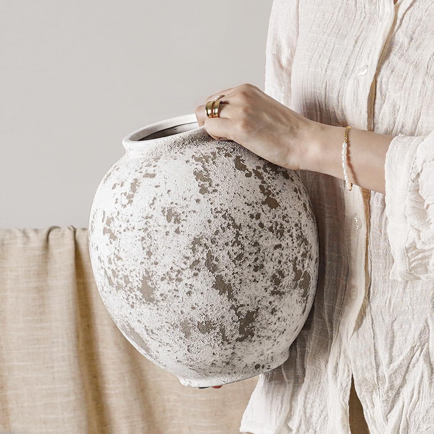 Large White Ceramic Vase - 9.8 Inch Rustic Farmhouse Vase for Home Decor, Minimalist Tall Vases for Living Room, Table, Bathroom, Holiday & Weddings (Sandstone White)