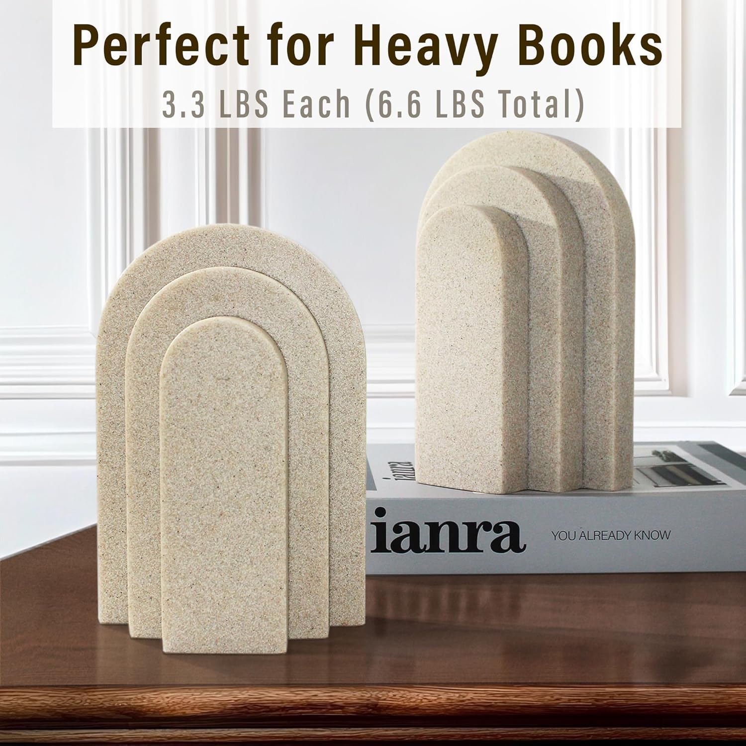 Heavy Duty Bookends for Shelves, 6.6 LBS Heavy Book Ends for Heavy Books, Decorative Modern Bookends with Faux Sandstone Look, Layered Arch Book Stopper for Bookshelf Holder Set of 2, Beige
