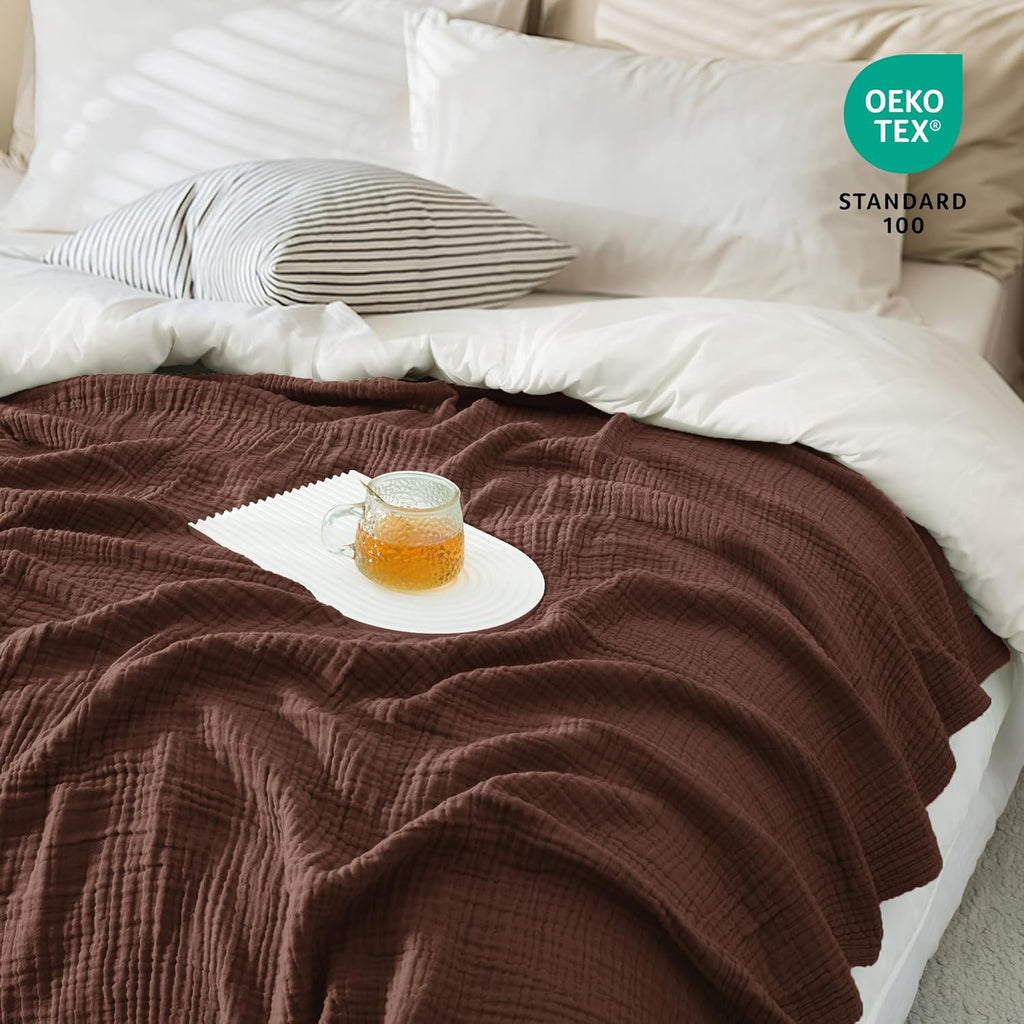 Carriediosa 100% Cotton Muslin Throw Blanket 108" X 90" King Size，4-Layers Summer Gauze Throws for Bed Couch，Soft Lightweight Breathable Linen Blankets Bedspread for Adults All Season，Dark Brown