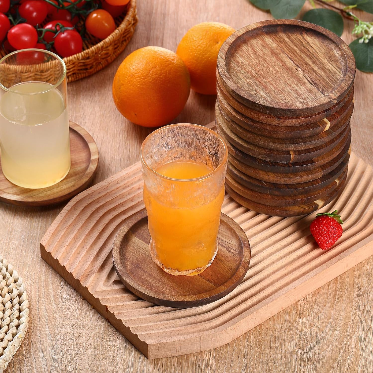 Gejoy 20 Pcs Wooden Coasters for Drinks 5 Inch Natural Stackable Acacia Wood Round Coasters Bulk for Coffee Tabletop Protection for Kinds of Cups Housewarming Gifts Home Bar Table Decor