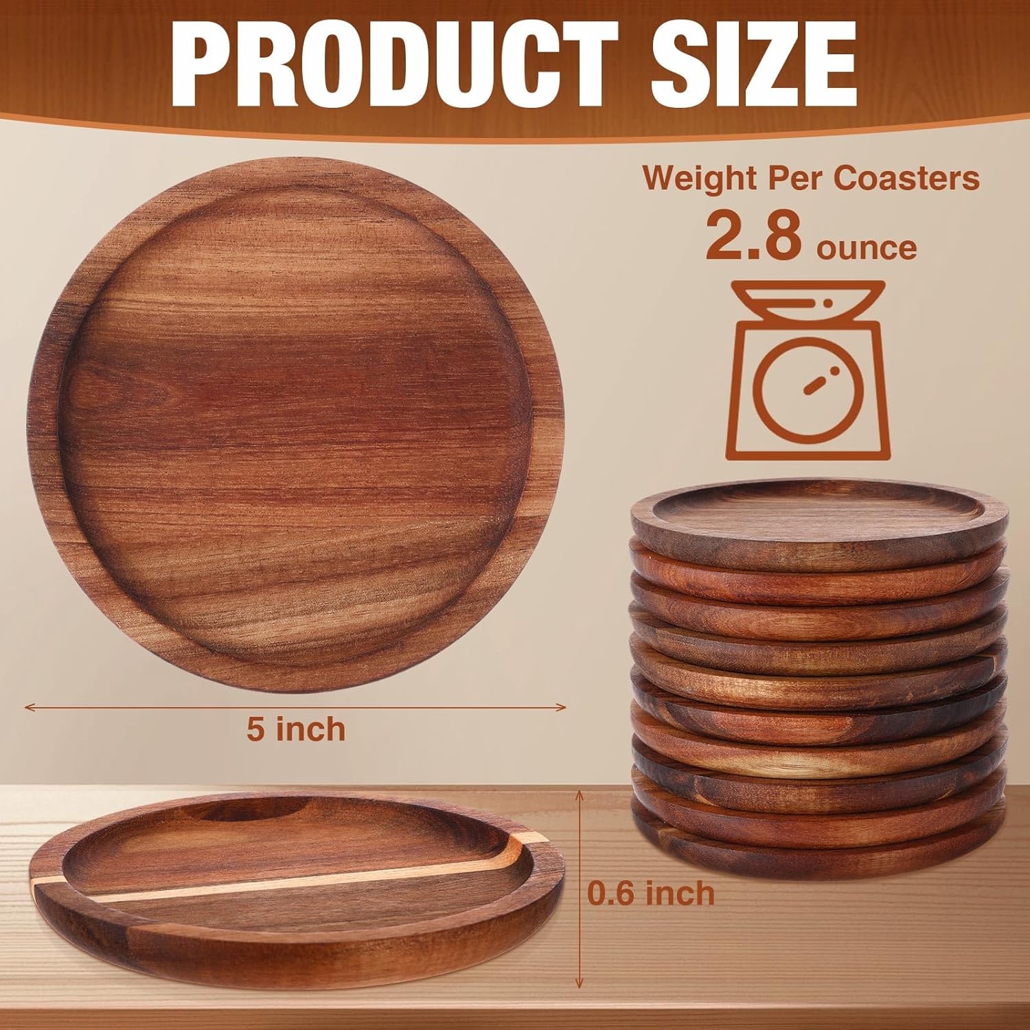 Gejoy 20 Pcs Wooden Coasters for Drinks 5 Inch Natural Stackable Acacia Wood Round Coasters Bulk for Coffee Tabletop Protection for Kinds of Cups Housewarming Gifts Home Bar Table Decor