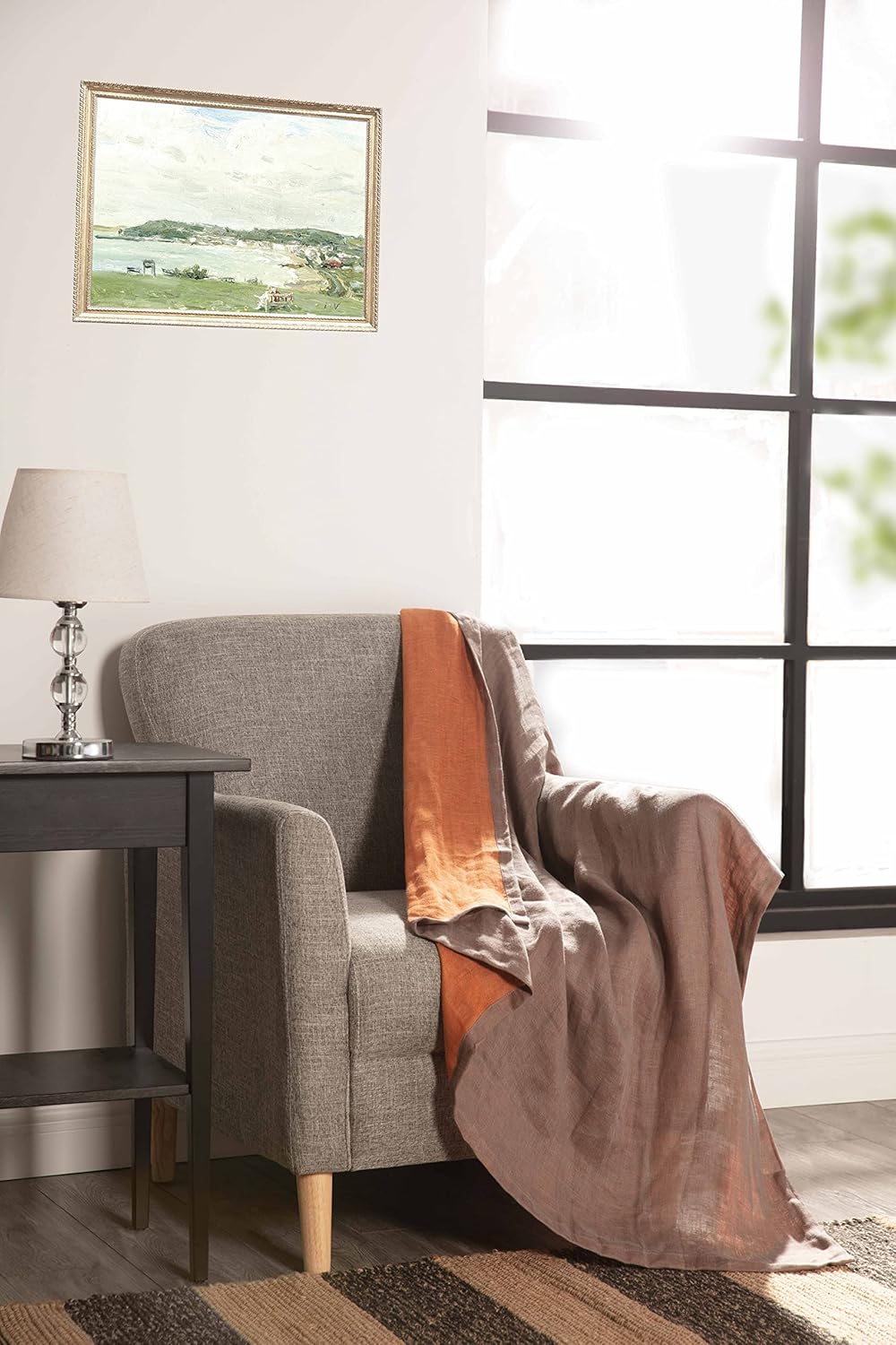 Chezmoi Collection Brussels Belgian Flax Linen Throw Blanket, 50" x 70" - Pre-Washed Super Soft Lightweight Breathable Summer Blanket Gray/Orange Color for Living Room Couch & Bed