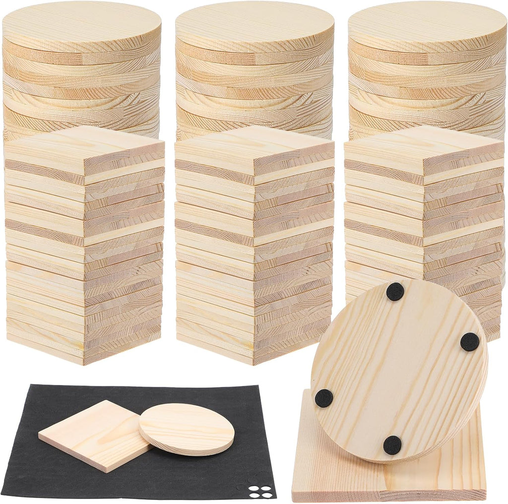 100 Pcs Unfinished Wood Coasters, 4 Inch Blank Wooden Coaster with Non Slip Foam Pad for DIY Stained Drawing Painting Wood Crafts Engraving Home Decoration Supplies(Round, Square)