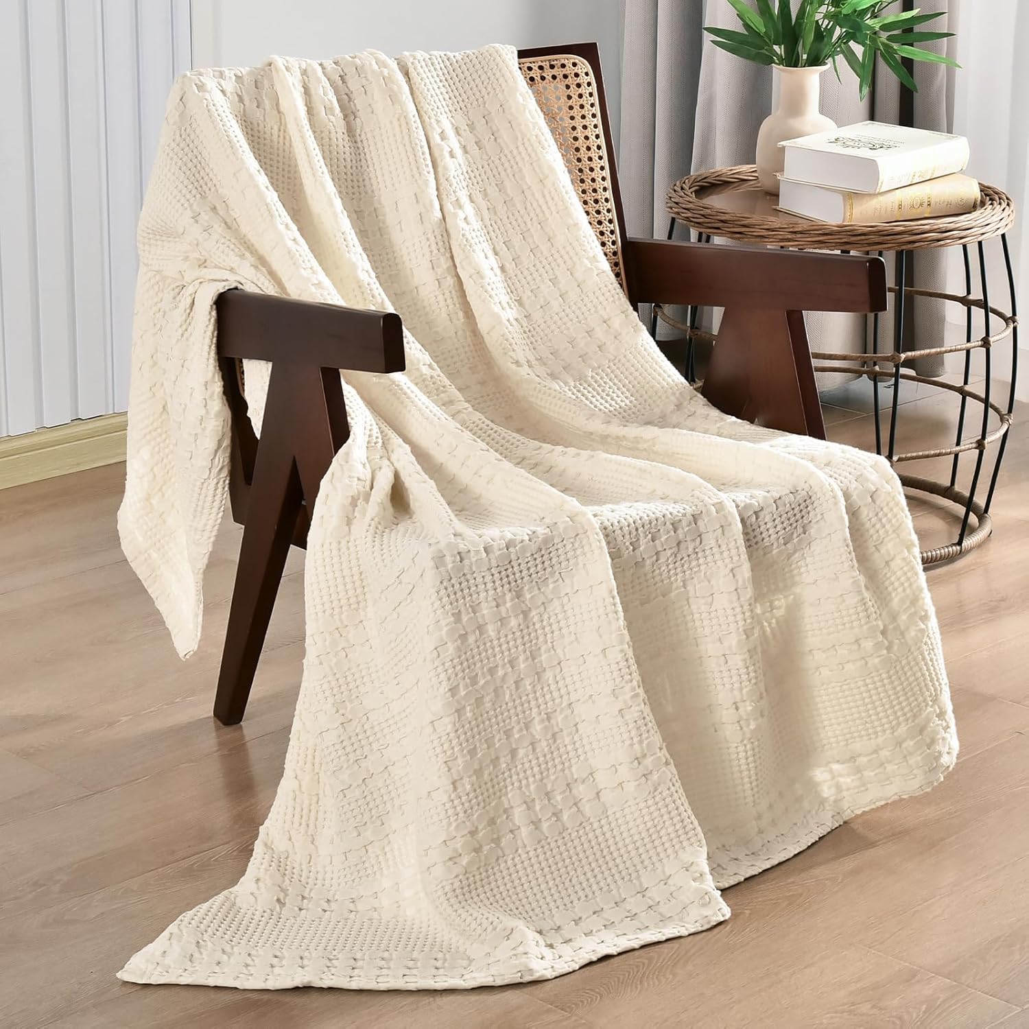 PHF 100% Cotton Waffle Weave Blanket King Size for Bed, Soft Lightweight & Breathable, All-Season Comfort, 300 GSM Luxury Aesthetic Blanket for Home Decor, 108"x90", Oatmeal