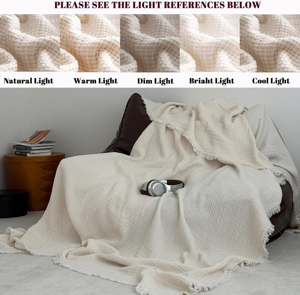 MorroMorn 100% Cotton Queen Size Bed Blanket 80"x90" Muslin Blanket with Fringes, 4-Layer Gauze Blankets for Adult, Boho Bedding Breathable Lightweight Ultra-Soft for All Seasons, Linen Beige