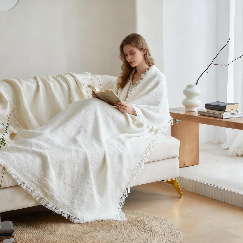 Simple&Opulence 100% Linen Throw Blanket 55x75 inches, Farmhouse Boho Tassel Blanket for Couch, Bed, Sofa, Breathable Natural Cozy Décor, White ﻿