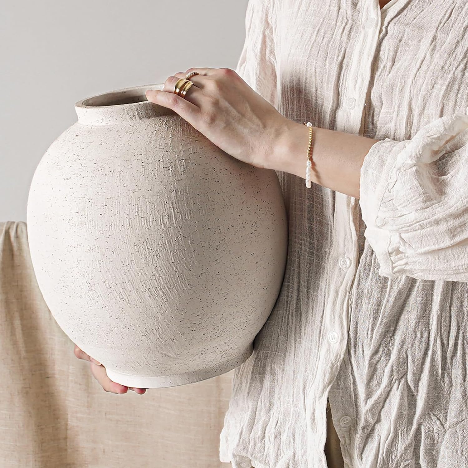 Large White Ceramic Vase - 9.8 Inch Rustic Farmhouse Vase for Home Decor, Minimalist Tall Vases for Living Room, Table, Bathroom, Holiday & Weddings (Sandstone White)