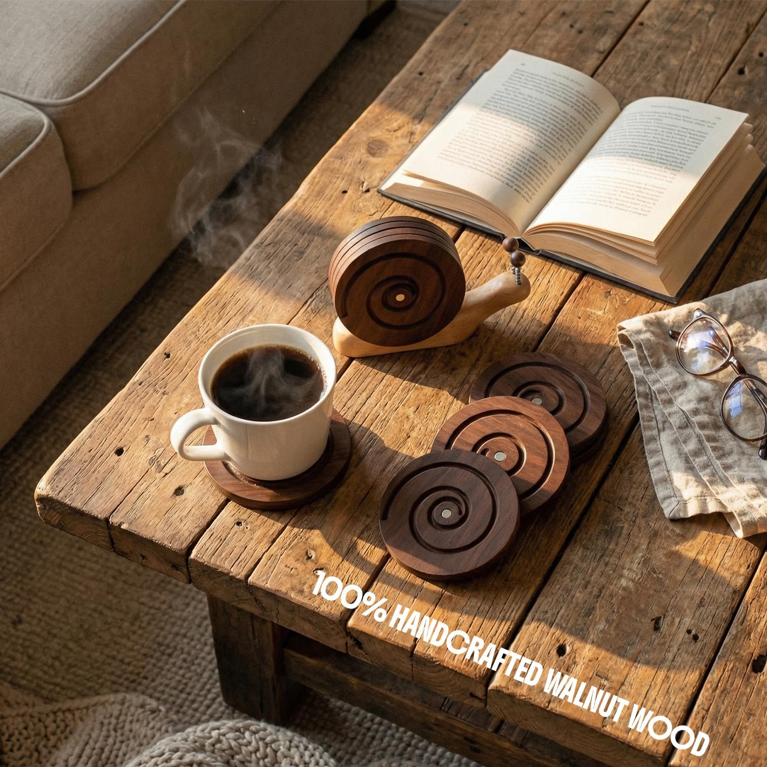 Magnetic Snail Wood Coasters for Drinks - Set of 6 Handcrafted Walnut Coaster Set with Holder. Non-Stick Spiral Grooves for Wooden Table Protection. Cute & Unique Housewarming Gift Decor