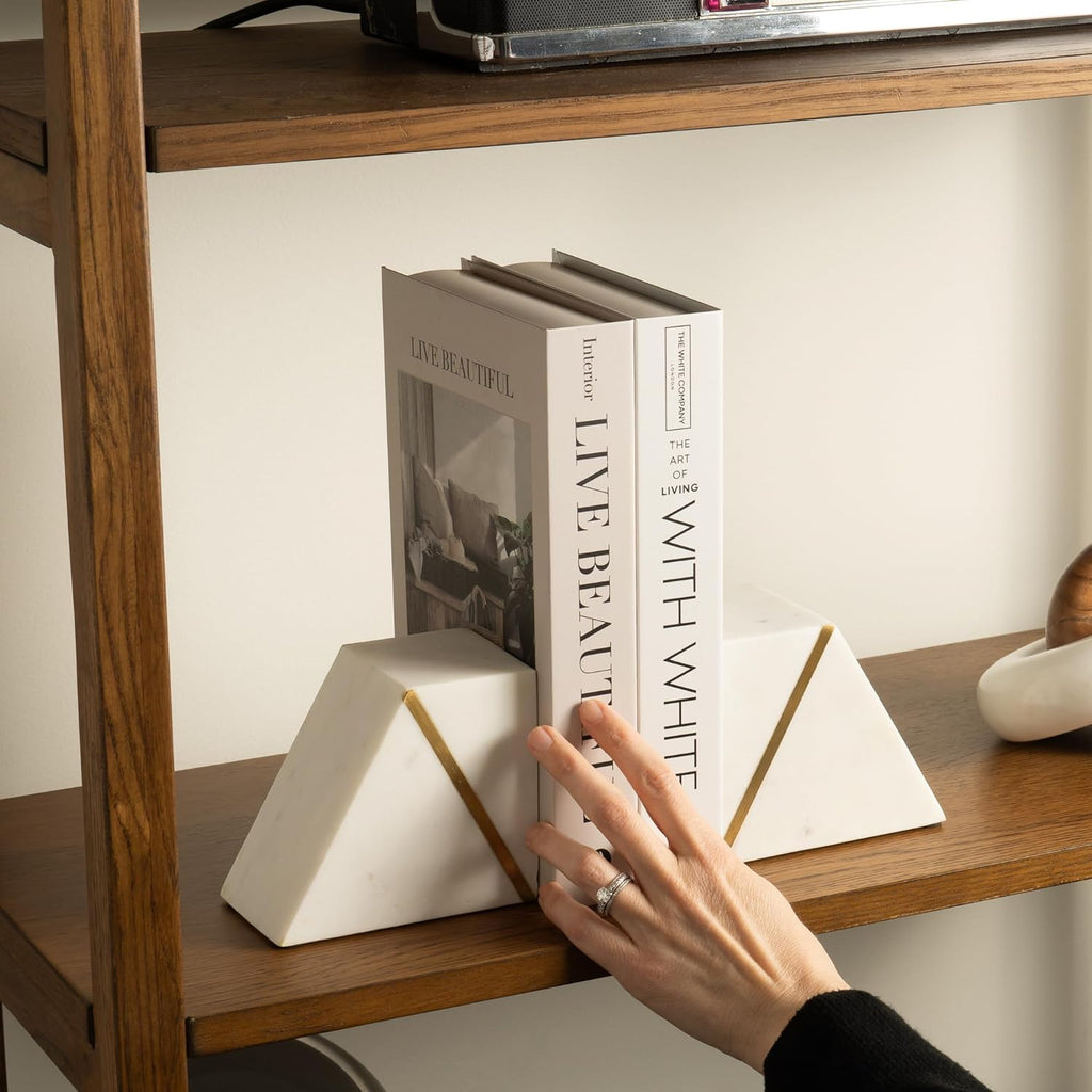 Cork & Mill Marble Book Ends for Shelves, Decorative Bookends for Heavy Books, Unique Mid Century Modern White and Gold Bookends with Brass Inlay, Heavy Duty Bookshelf Stopper, Set of 2