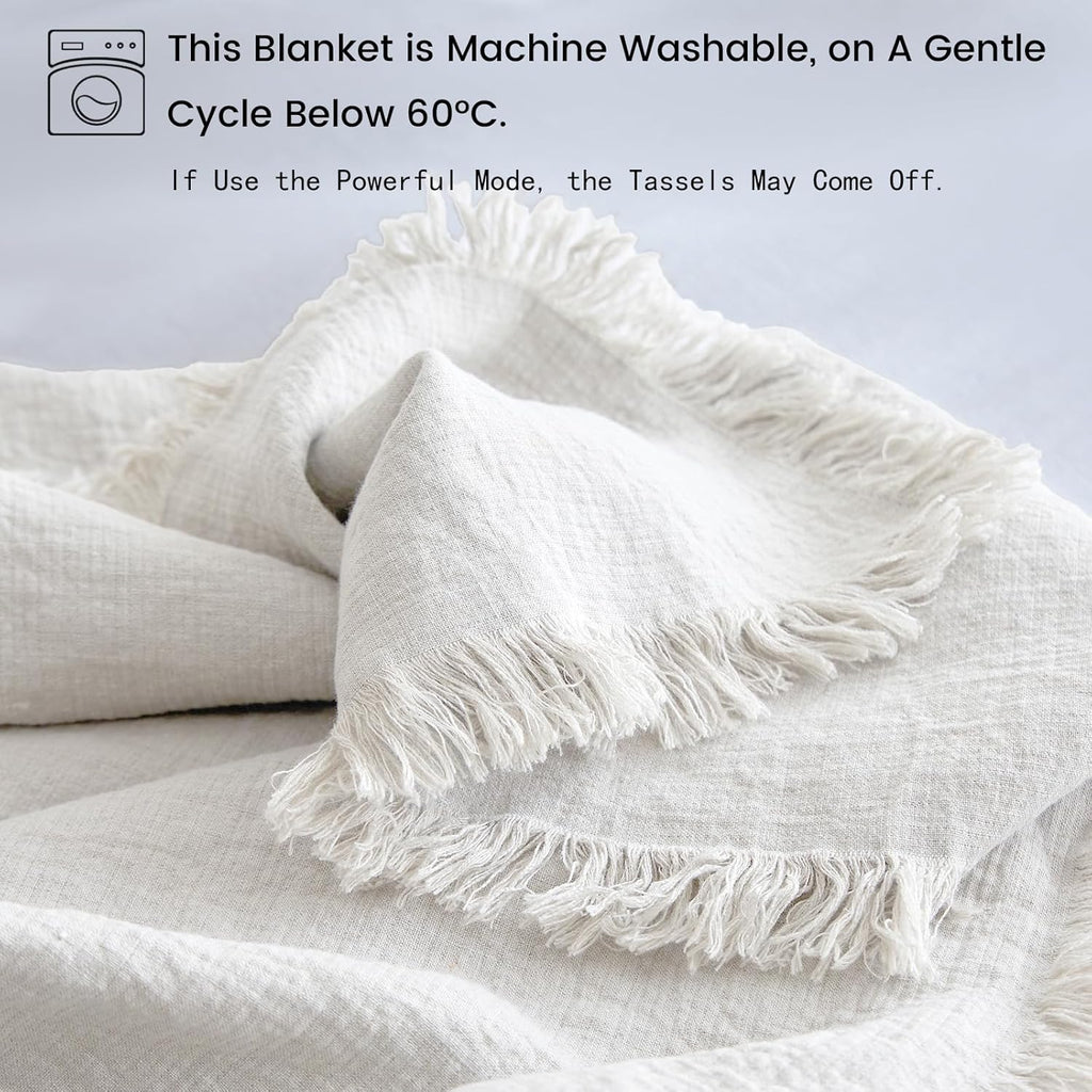 Simple&Opulence 100% Linen Throw Blanket 55x75 inches, Farmhouse Boho Tassel Blanket for Couch, Bed, Sofa, Breathable Natural Cozy Décor, White ﻿