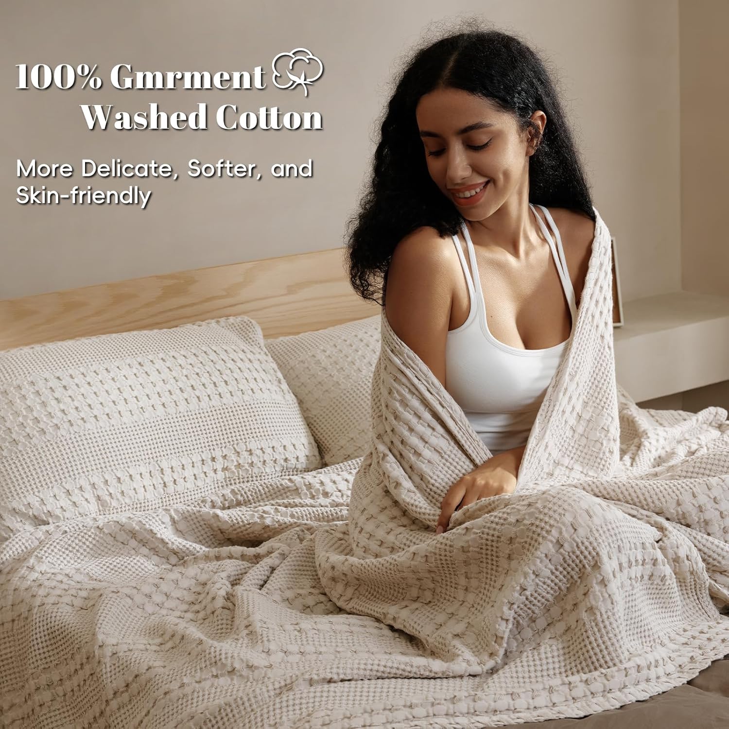 PHF 100% Cotton Waffle Weave Blanket King Size for Bed, Soft Lightweight & Breathable, All-Season Comfort, 300 GSM Luxury Aesthetic Blanket for Home Decor, 108"x90", Oatmeal