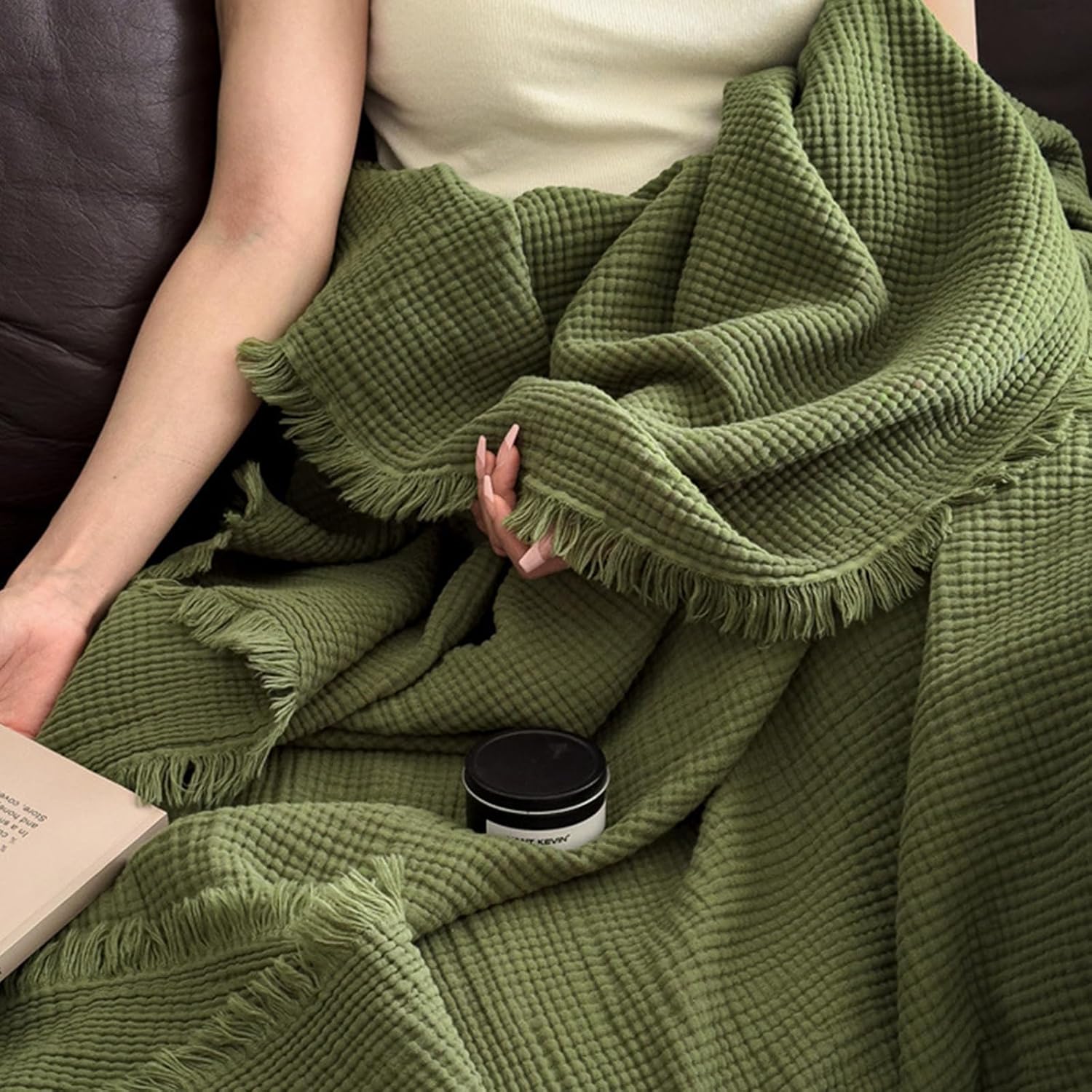 MorroMorn 100% Cotton Queen Size Bed Blanket 80"x90" Muslin Blanket with Fringes, 4-Layer Gauze Blankets for Adult, Boho Bedding Breathable Lightweight Ultra-Soft for All Seasons, Linen Beige