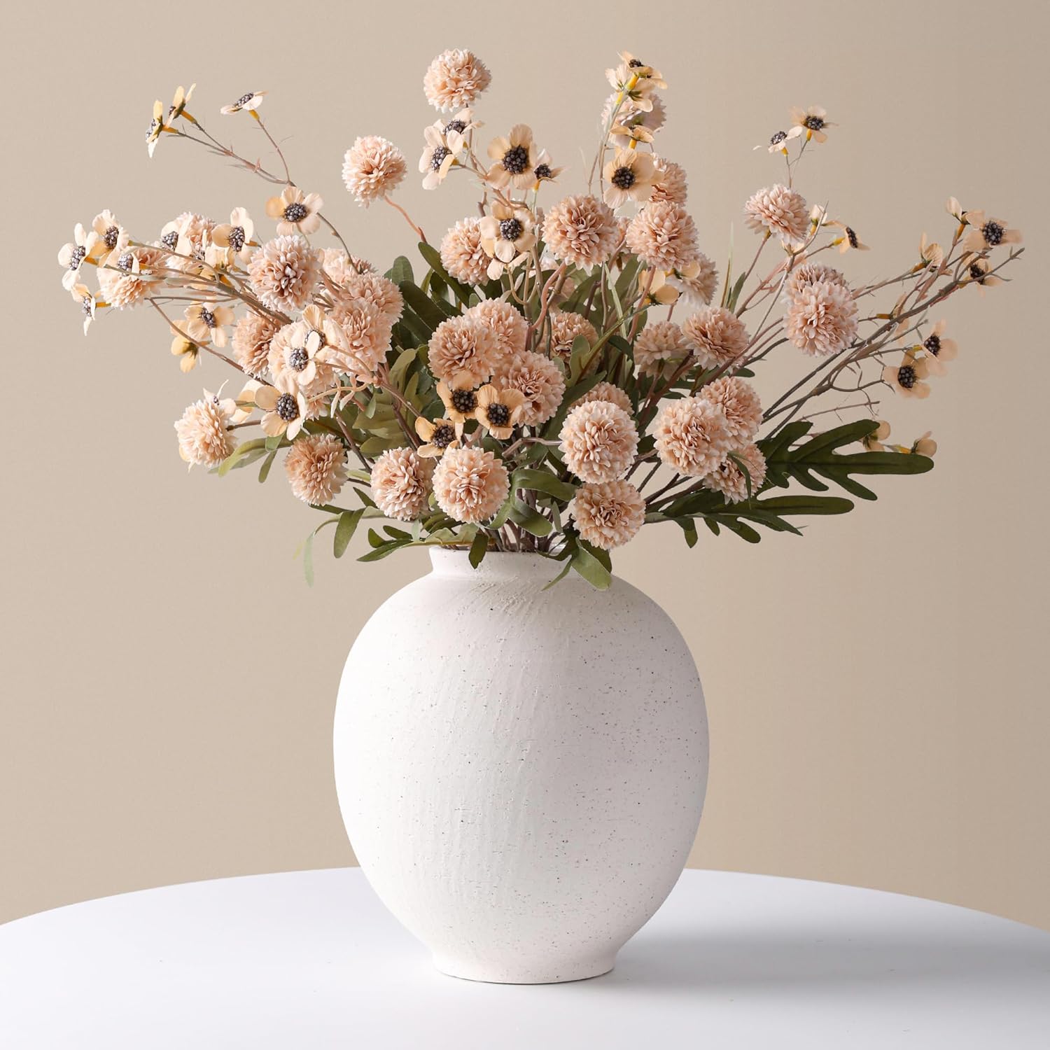 Large White Ceramic Vase, 9.8 inch Rustic Farmhouse Flowers Vase for Home Decor, Sandstone Texture Round Pottery Tall Vase Indoor for Table Living Room Decor