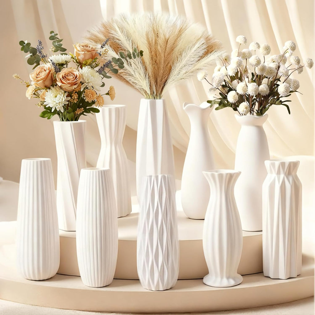 10-Piece 8 Inch White Ceramic Vases Set - Minimalist White Vases for Home Decor, Weddings, Pampas Grass & DIY Crafts | Rustic Matte White Ceramic Vases Bulk