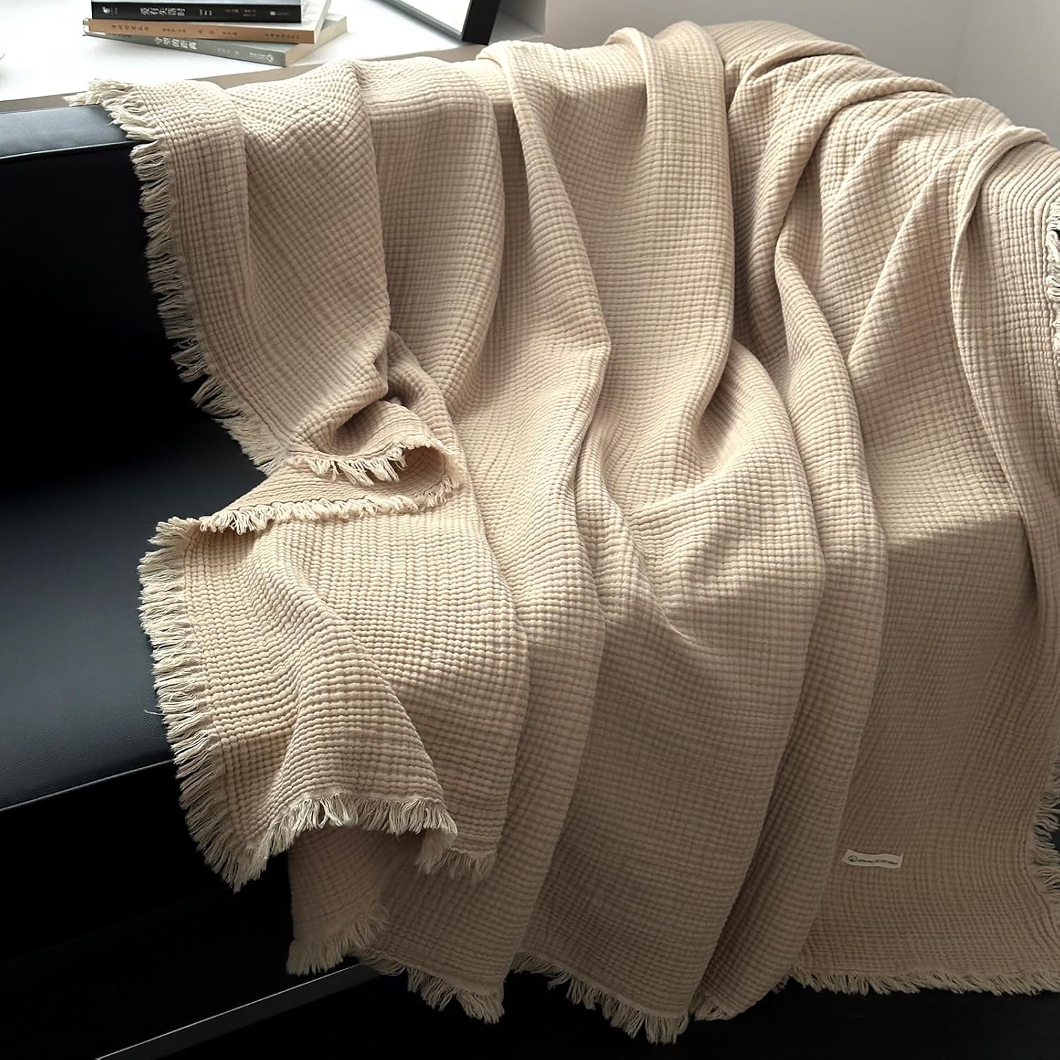 MorroMorn 100% Cotton Queen Size Bed Blanket 80"x90" Muslin Blanket with Fringes, 4-Layer Gauze Blankets for Adult, Boho Bedding Breathable Lightweight Ultra-Soft for All Seasons, Linen Beige