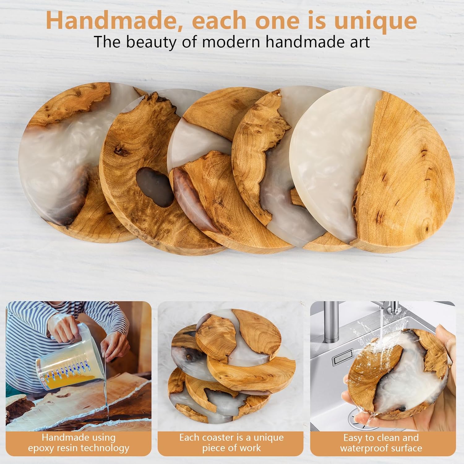 Drink Coaster Set, Wooden Absorbent Coasters, Epoxy Resin Coaster for Coffee Table, Tabletop Protection Decor, Set of 5 with Holder