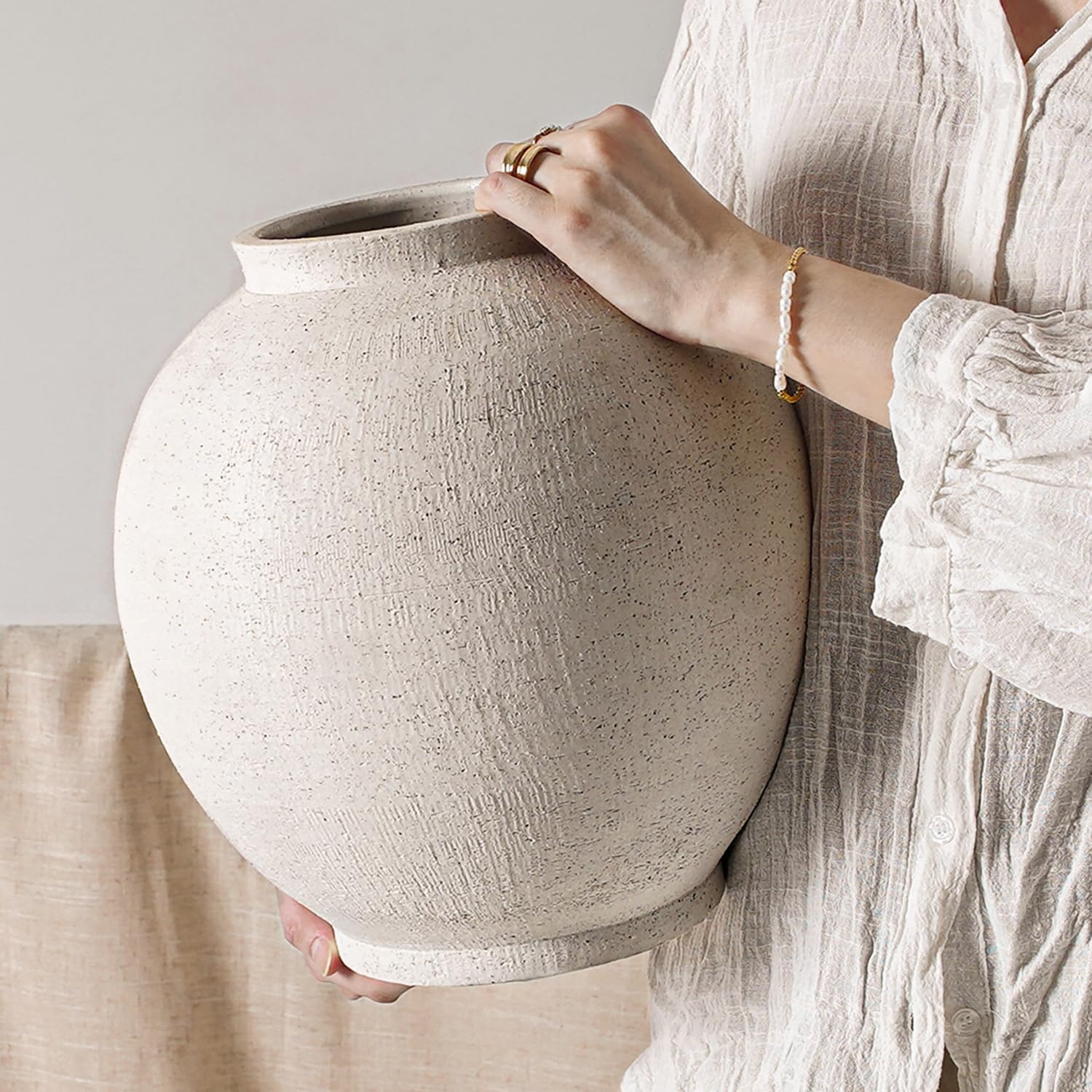 Large White Ceramic Vase - 9.8 Inch Rustic Farmhouse Vase for Home Decor, Minimalist Tall Vases for Living Room, Table, Bathroom, Holiday & Weddings (Sandstone White)