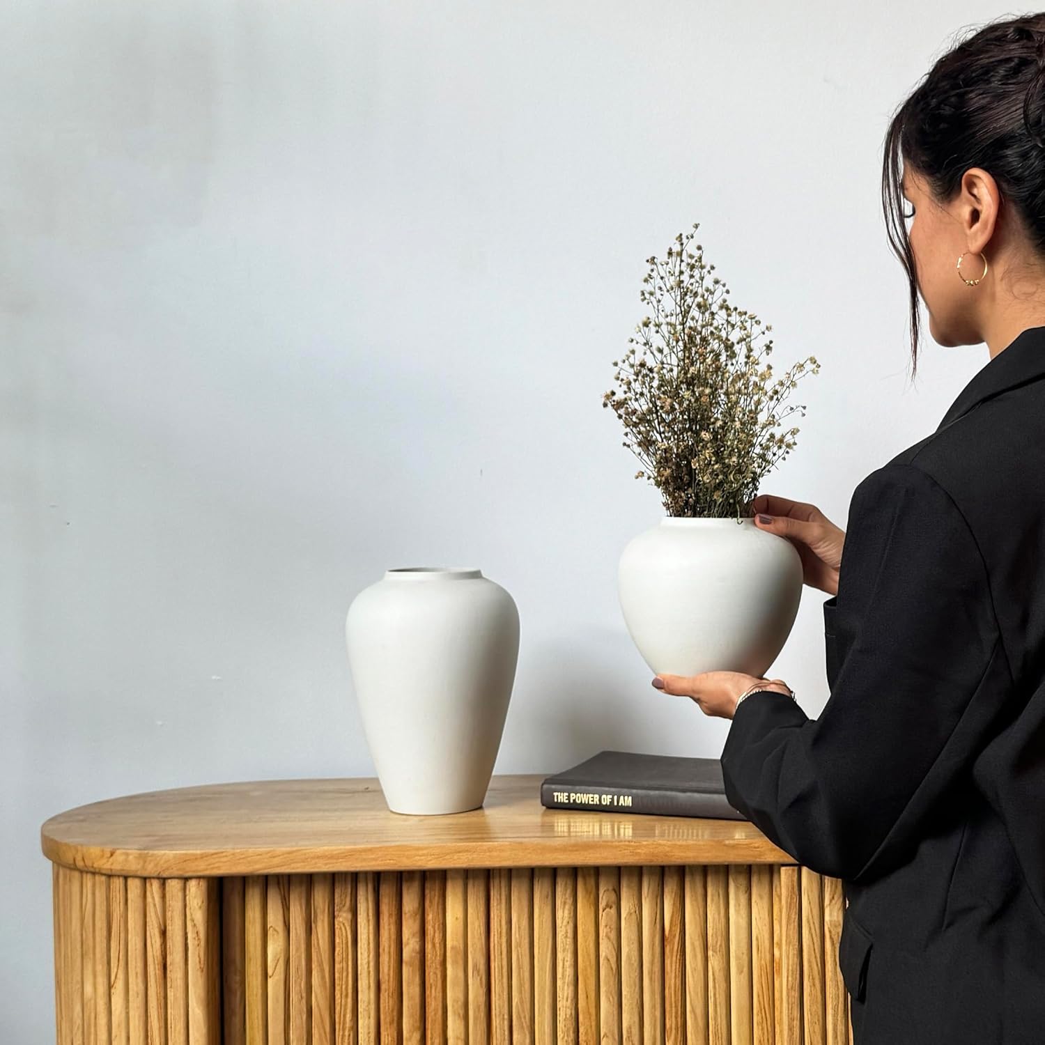 Ceramic Vase, White Color, Modern Minimalist Textured Vase for Home Decor, Bookshelf & Coffee Table Decor (White, 7" (18cm))