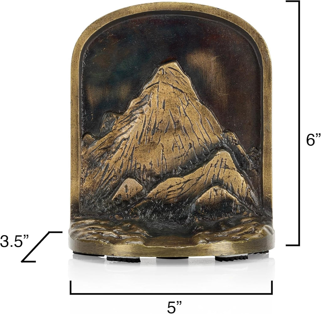 CRAFTSMAN ROAD Cast Iron Mountain Bookends Set, Antique Brass Book Ends, 2 Decorative Book Holders for Shelves or Bookcase, Stylish Brass, Non-Skid Anti-Slip Heavy Duty, Home Décor Gift