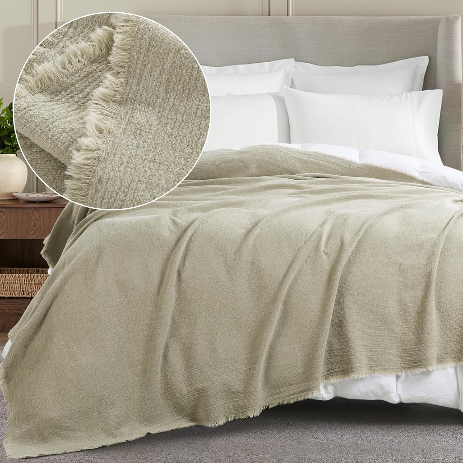 HOMBYS 88"x92" 100% Pure Linen Oversized King Blanket-Soft Linen Reversible Throw Blanket in Natural Color Bed Blanket (Flax Color, 88"x92")