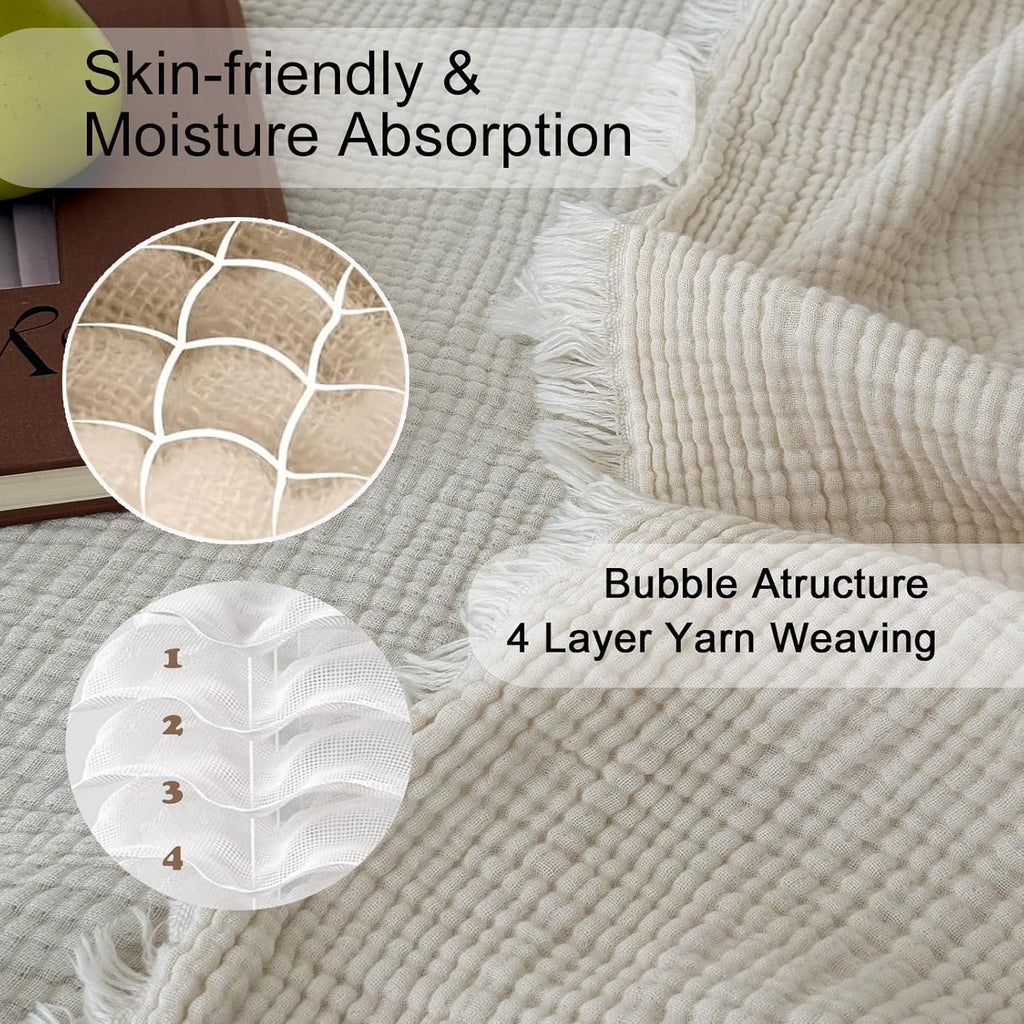 MorroMorn 100% Cotton Queen Size Bed Blanket 80"x90" Muslin Blanket with Fringes, 4-Layer Gauze Blankets for Adult, Boho Bedding Breathable Lightweight Ultra-Soft for All Seasons, Linen Beige