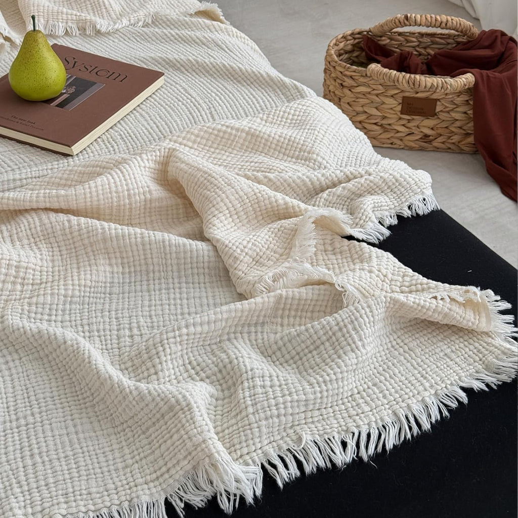 MorroMorn 100% Cotton Queen Size Bed Blanket 80"x90" Muslin Blanket with Fringes, 4-Layer Gauze Blankets for Adult, Boho Bedding Breathable Lightweight Ultra-Soft for All Seasons, Linen Beige