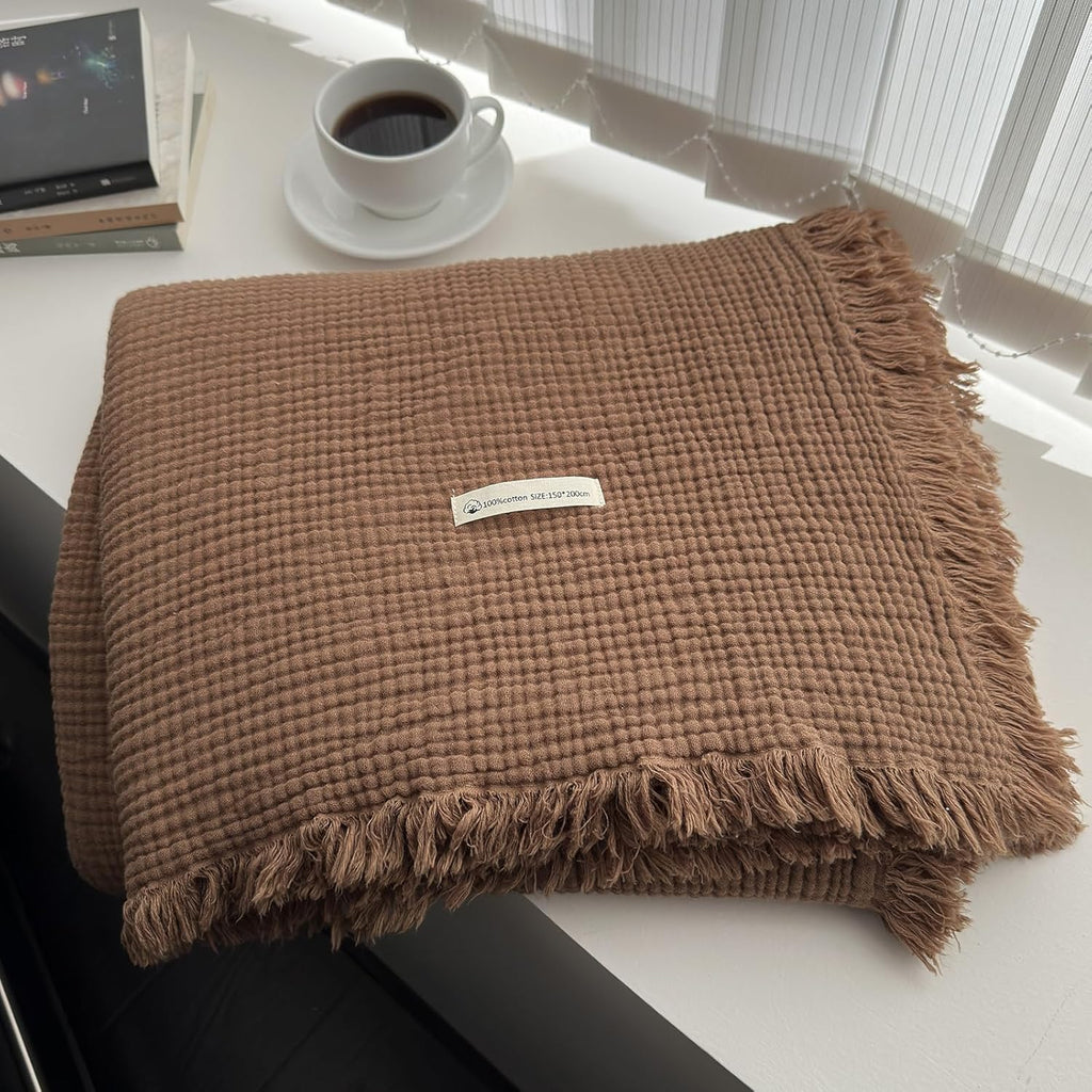 MorroMorn 100% Cotton Queen Size Bed Blanket 80"x90" Muslin Blanket with Fringes, 4-Layer Gauze Blankets for Adult, Boho Bedding Breathable Lightweight Ultra-Soft for All Seasons, Linen Beige