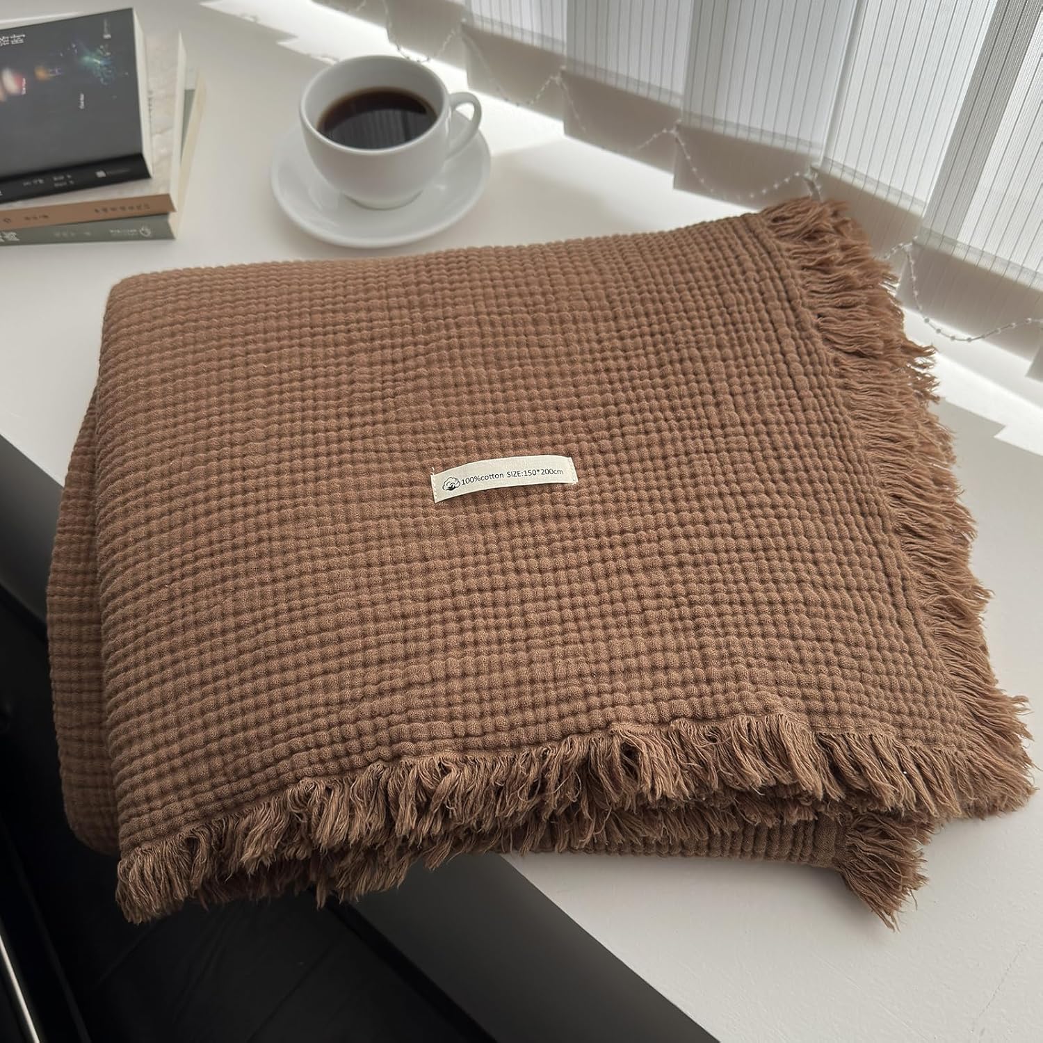 MorroMorn 100% Cotton Queen Size Bed Blanket 80"x90" Muslin Blanket with Fringes, 4-Layer Gauze Blankets for Adult, Boho Bedding Breathable Lightweight Ultra-Soft for All Seasons, Linen Beige