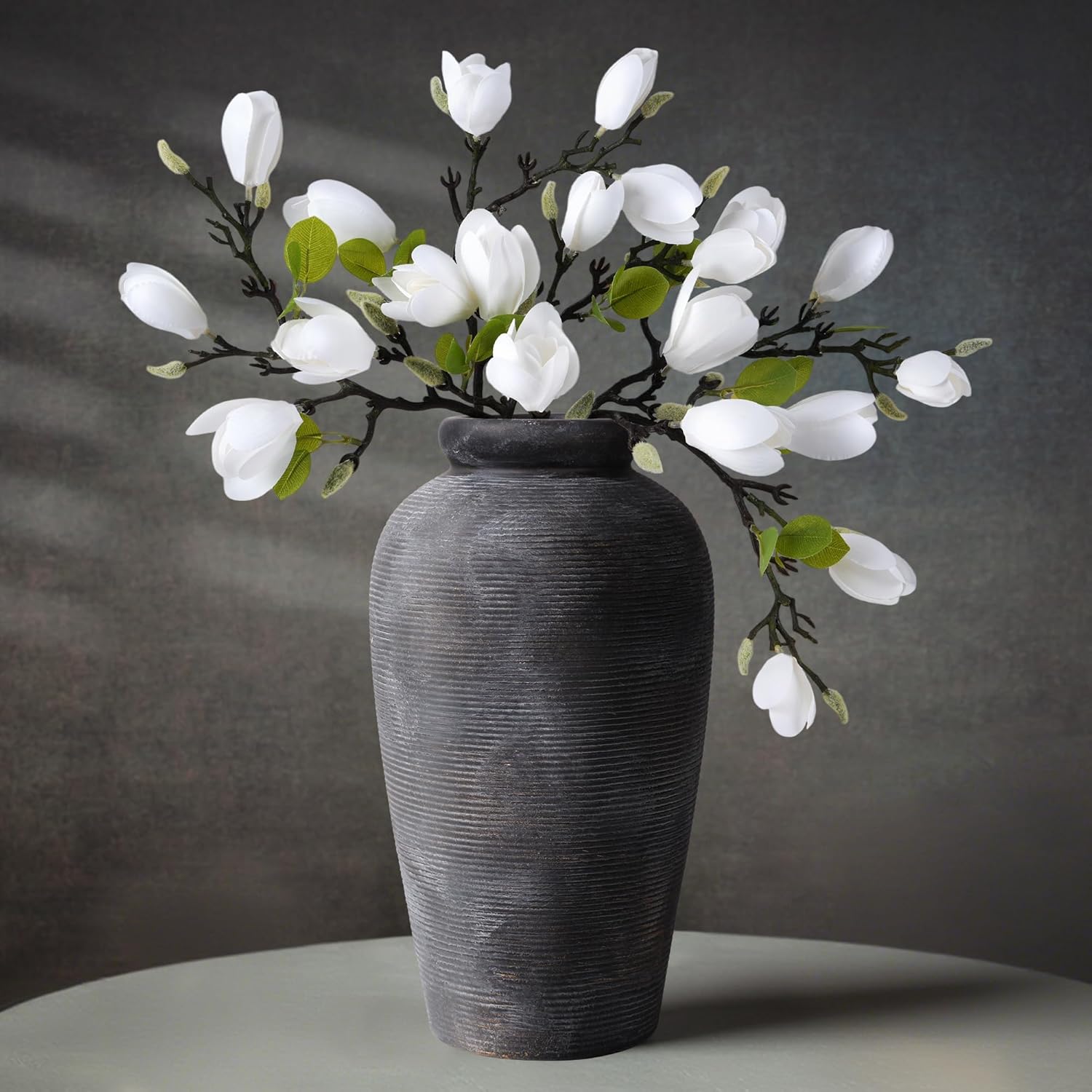 Large White Ceramic Vase, 9.8 inch Rustic Farmhouse Flowers Vase for Home Decor, Sandstone Texture Round Pottery Tall Vase Indoor for Table Living Room Decor