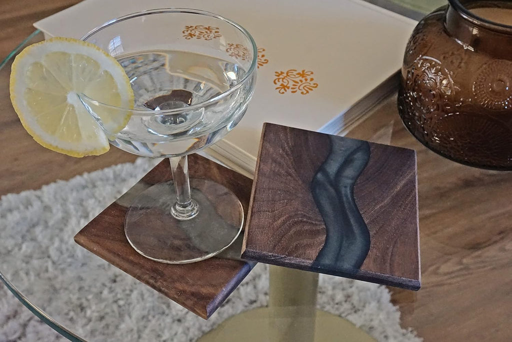 Generic Wood Coaster Set for Drinks | Handmade with Dark Walnut & Natural Wood Sealant Finish for Water Resistance,Easy Cleaning & No Stains | Epoxy Resin River (4 Pieces) (Black)