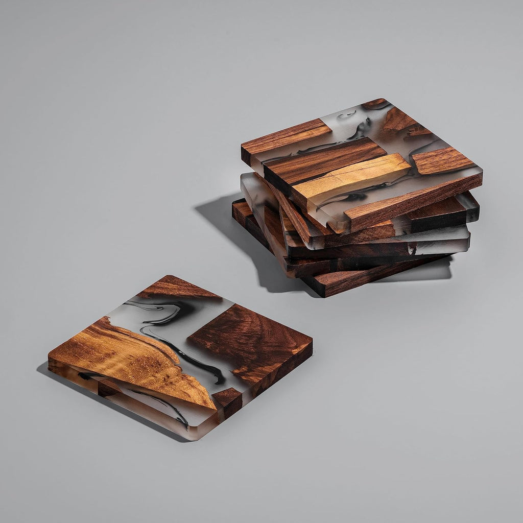 Walnut Coasters Set, Modern Coasters with Holder