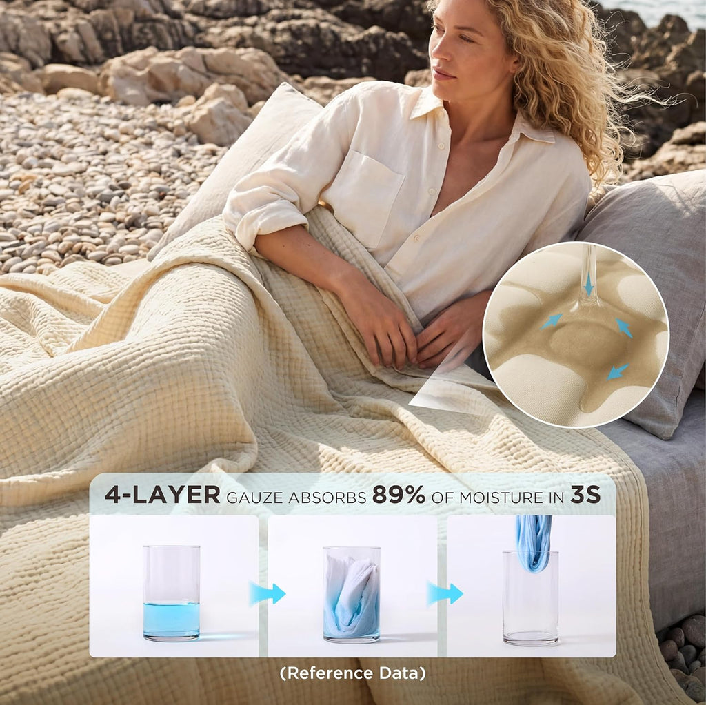 Bedsure 100% Cotton Muslin Blanket King Size for Bed - 4-Layer Breathable and Lightweight Thin Soft Summer Gauze Muslin Blanket for Adults, Linen Beige, 108x90 Inches