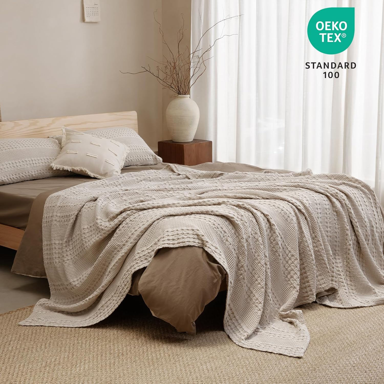 PHF 100% Cotton Waffle Weave Blanket King Size for Bed, Soft Lightweight & Breathable, All-Season Comfort, 300 GSM Luxury Aesthetic Blanket for Home Decor, 108"x90", Oatmeal