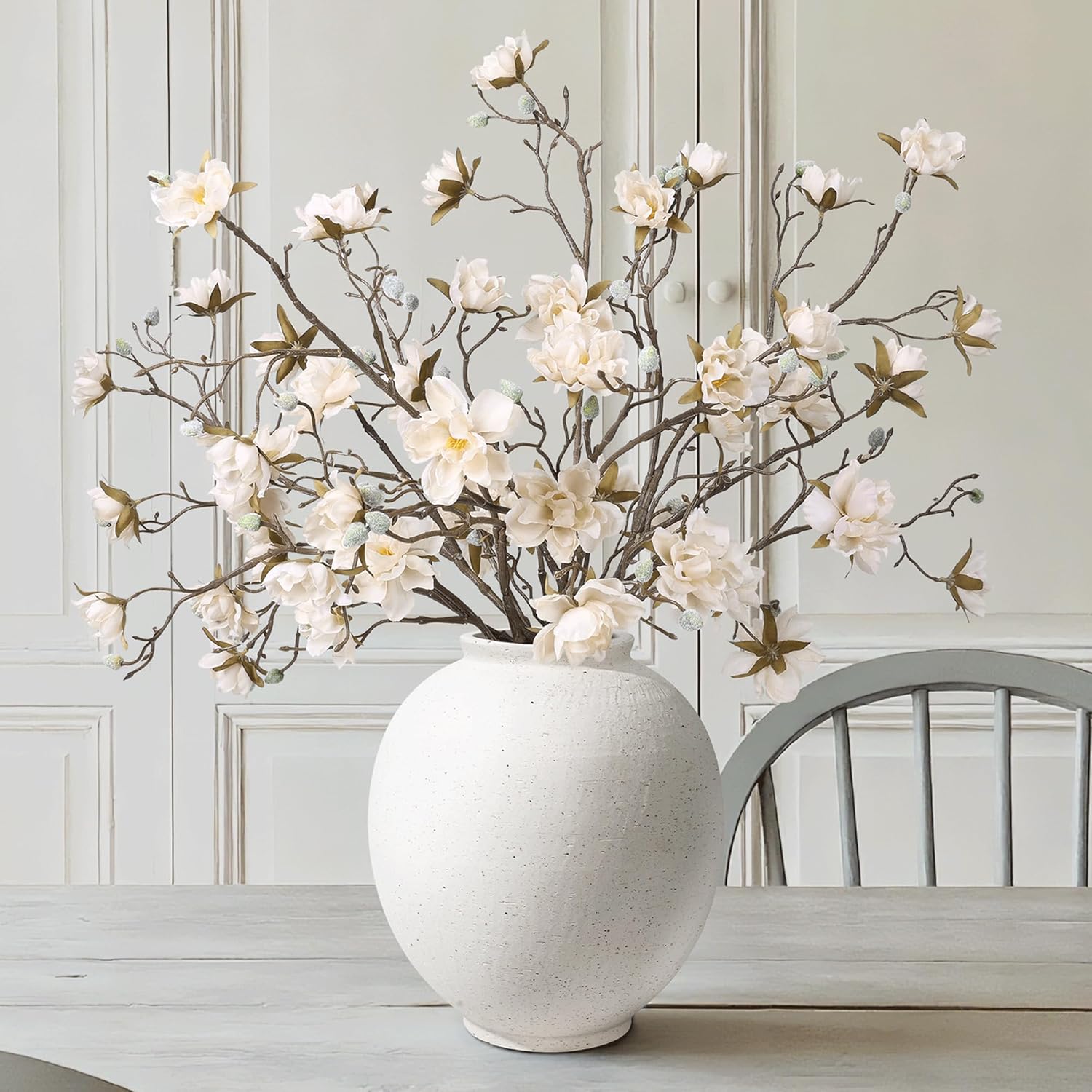 Large White Ceramic Vase, 9.8 inch Rustic Farmhouse Flowers Vase for Home Decor, Sandstone Texture Round Pottery Tall Vase Indoor for Table Living Room Decor