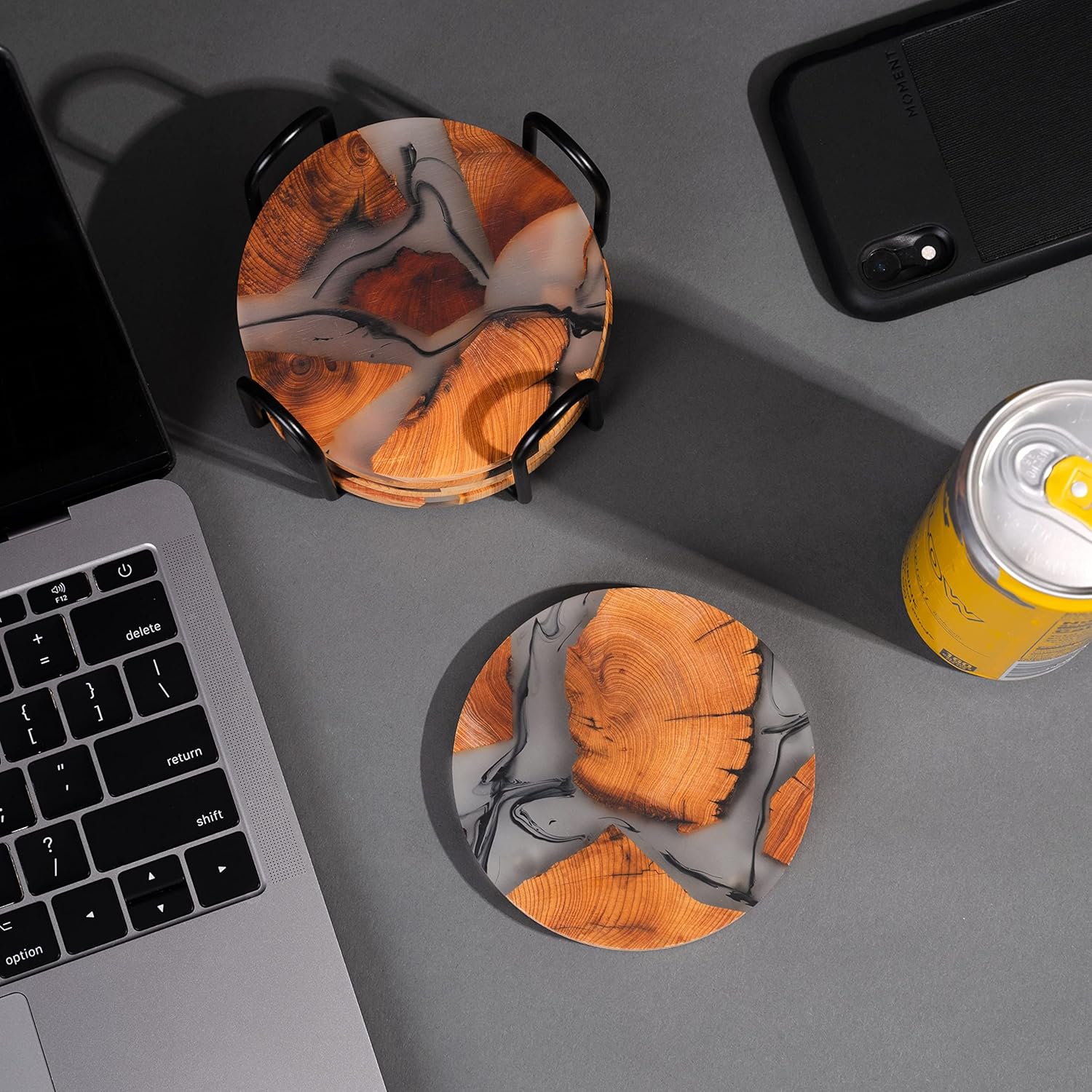 Drink Coaster Set, Wooden Absorbent Coasters, Epoxy Resin Coaster for Coffee Table, Tabletop Protection Decor, Set of 6 With Holder