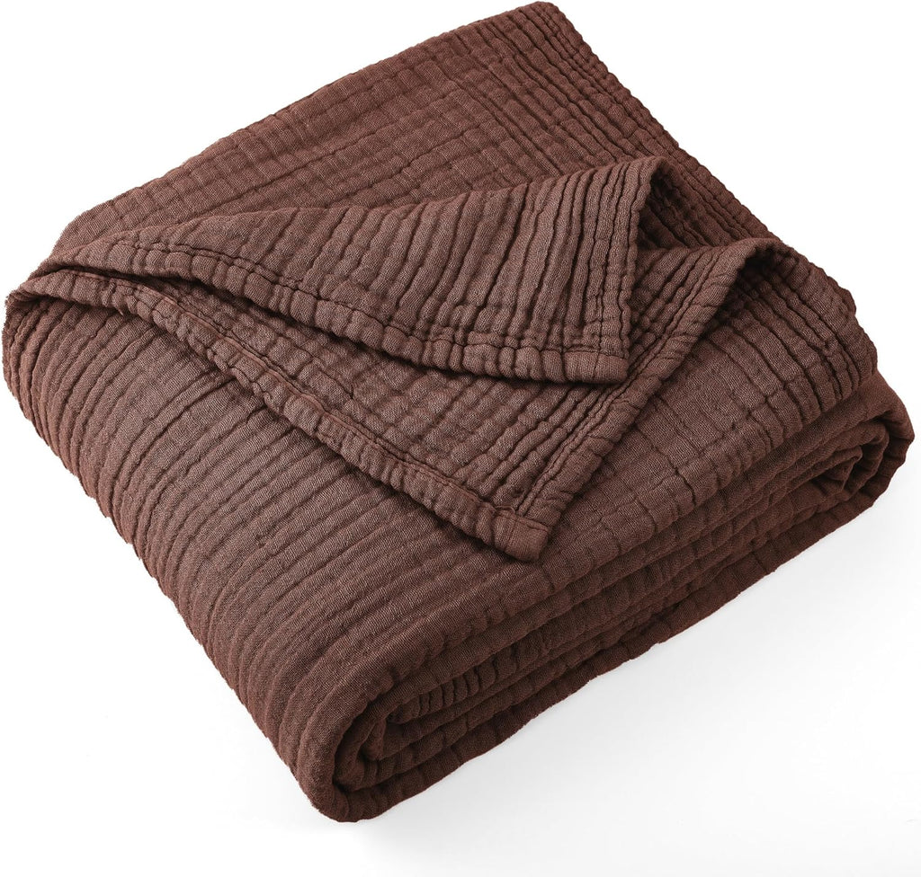 Carriediosa 100% Cotton Muslin Throw Blanket 108" X 90" King Size，4-Layers Summer Gauze Throws for Bed Couch，Soft Lightweight Breathable Linen Blankets Bedspread for Adults All Season，Dark Brown
